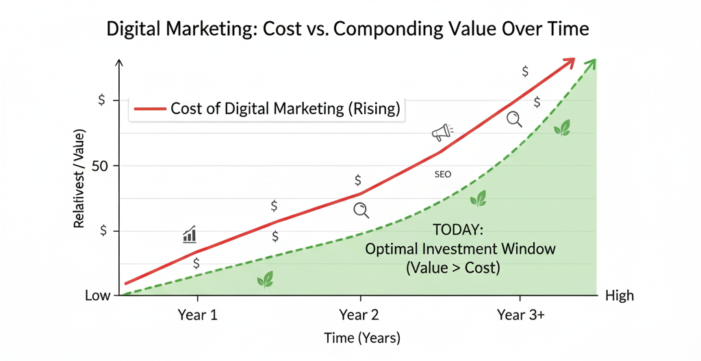 A line graph showing that the compounding value of digital marketing eventually surpasses its rising cost over time. The graph is titled 'Digital Marketing: Cost vs. Compounding Value Over Time' and indicates that the 'Optimal Investment Window' is when value is greater than cost.