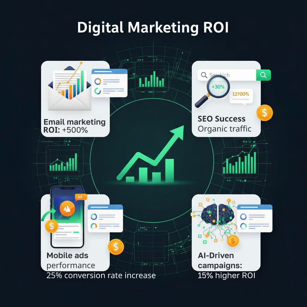 An infographic visually representing digital marketing ROI with various interconnected elements like email, SEO, mobile ads, and AI-driven campaigns, all pointing towards growth.
